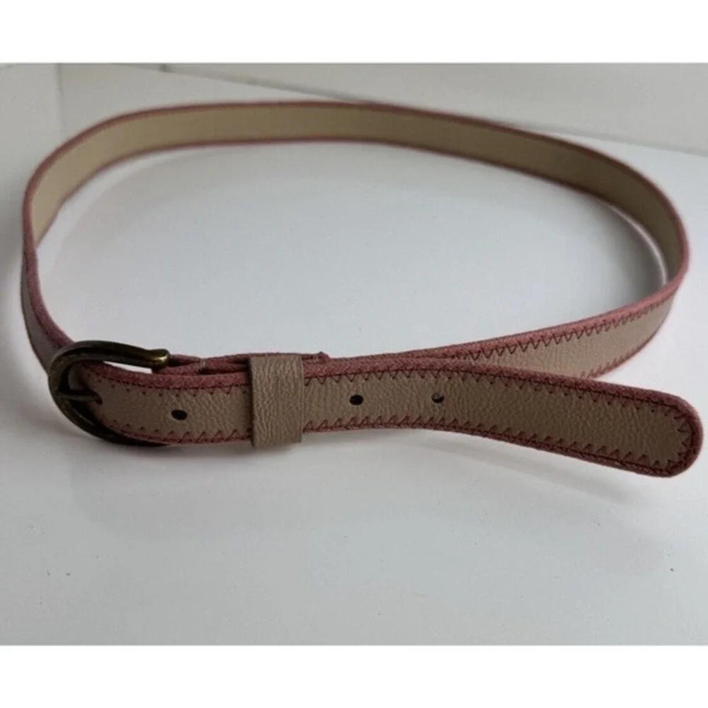 LOFT Skinny Belt Beige Tan Pebbled Faux Leather Pink Whipstitch‎ S Preppy 47-66